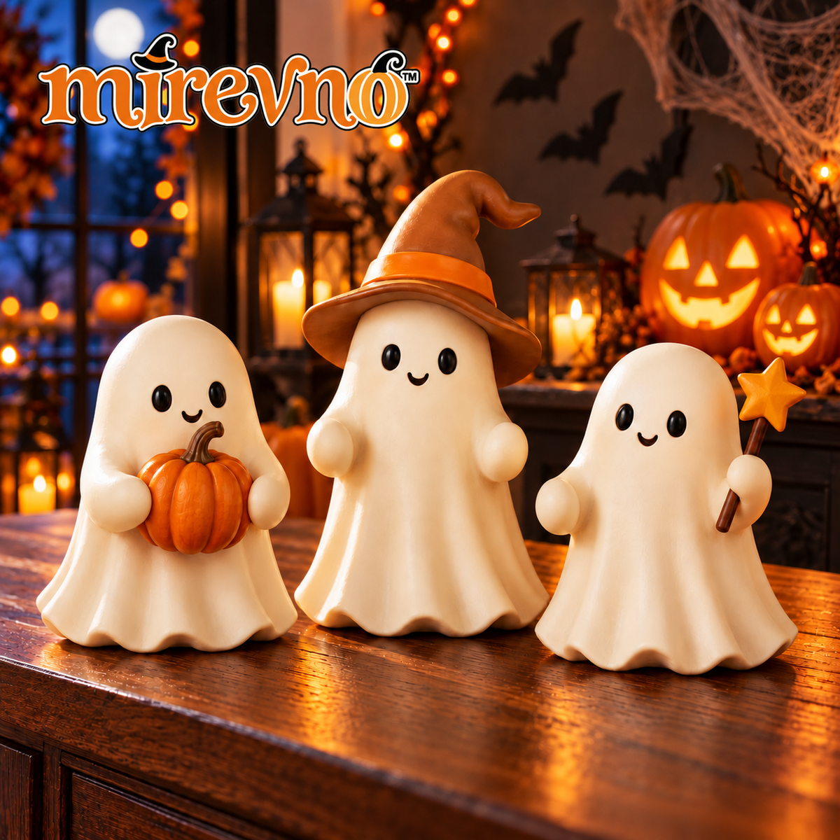 mirevno™ Pumpkin Pals Ghost Figurines, Set of 3 — Cute Halloween Resin Tabletop Decor for Shelves, Mantels & Tiered Trays