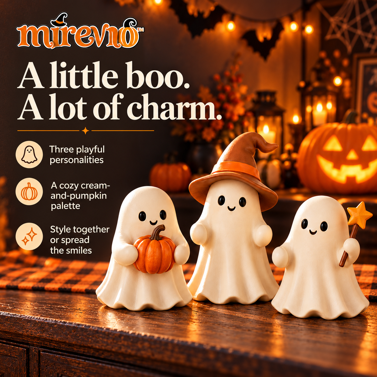 mirevno™ Pumpkin Pals Ghost Figurines, Set of 3 — Cute Halloween Resin Tabletop Decor for Shelves, Mantels & Tiered Trays