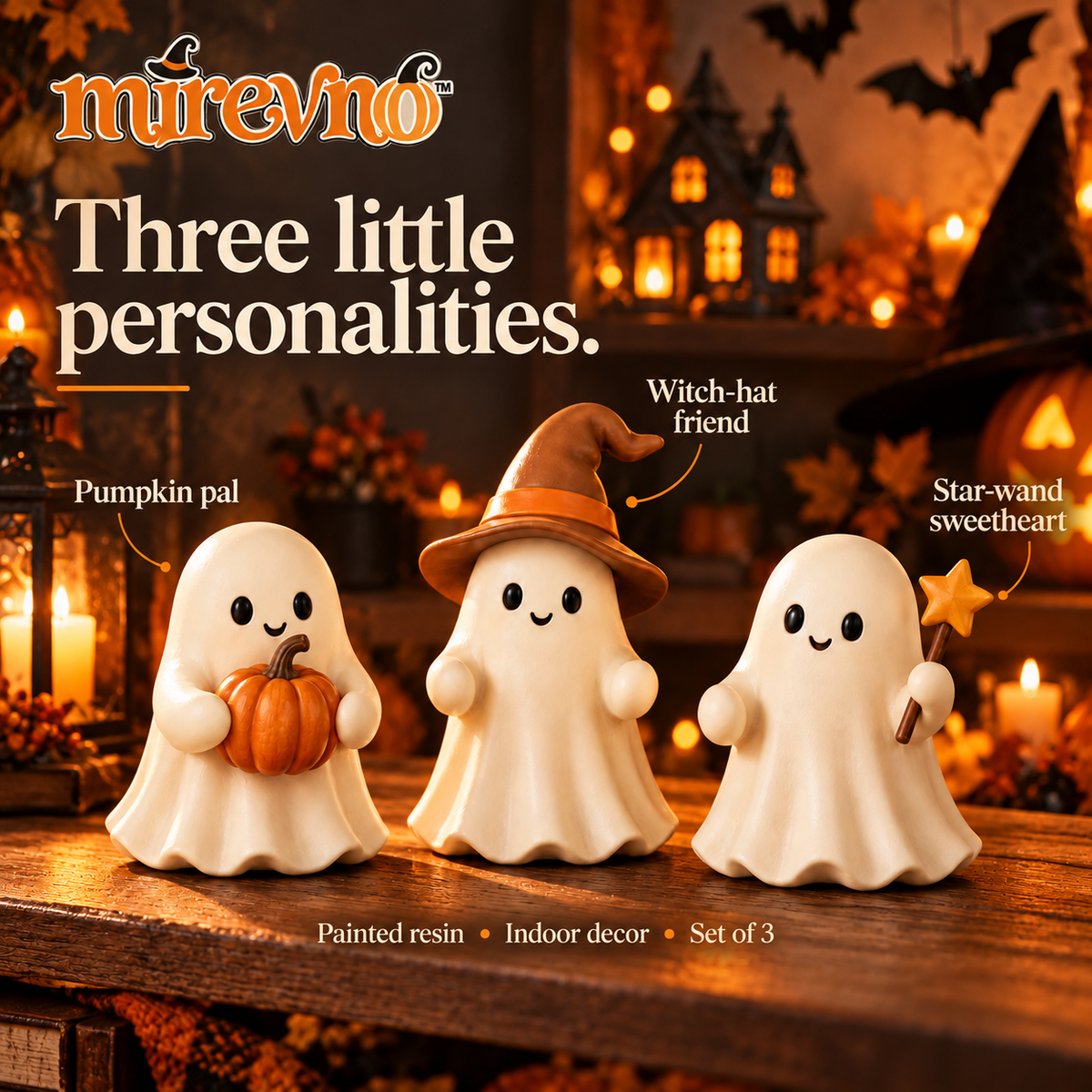 mirevno™ Pumpkin Pals Ghost Figurines, Set of 3 — Cute Halloween Resin Tabletop Decor for Shelves, Mantels & Tiered Trays