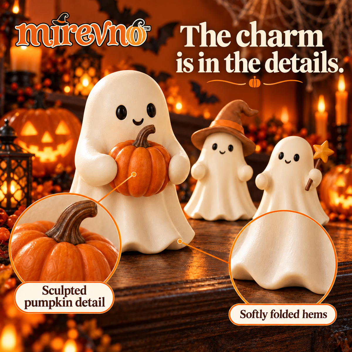 mirevno™ Pumpkin Pals Ghost Figurines, Set of 3 — Cute Halloween Resin Tabletop Decor for Shelves, Mantels & Tiered Trays