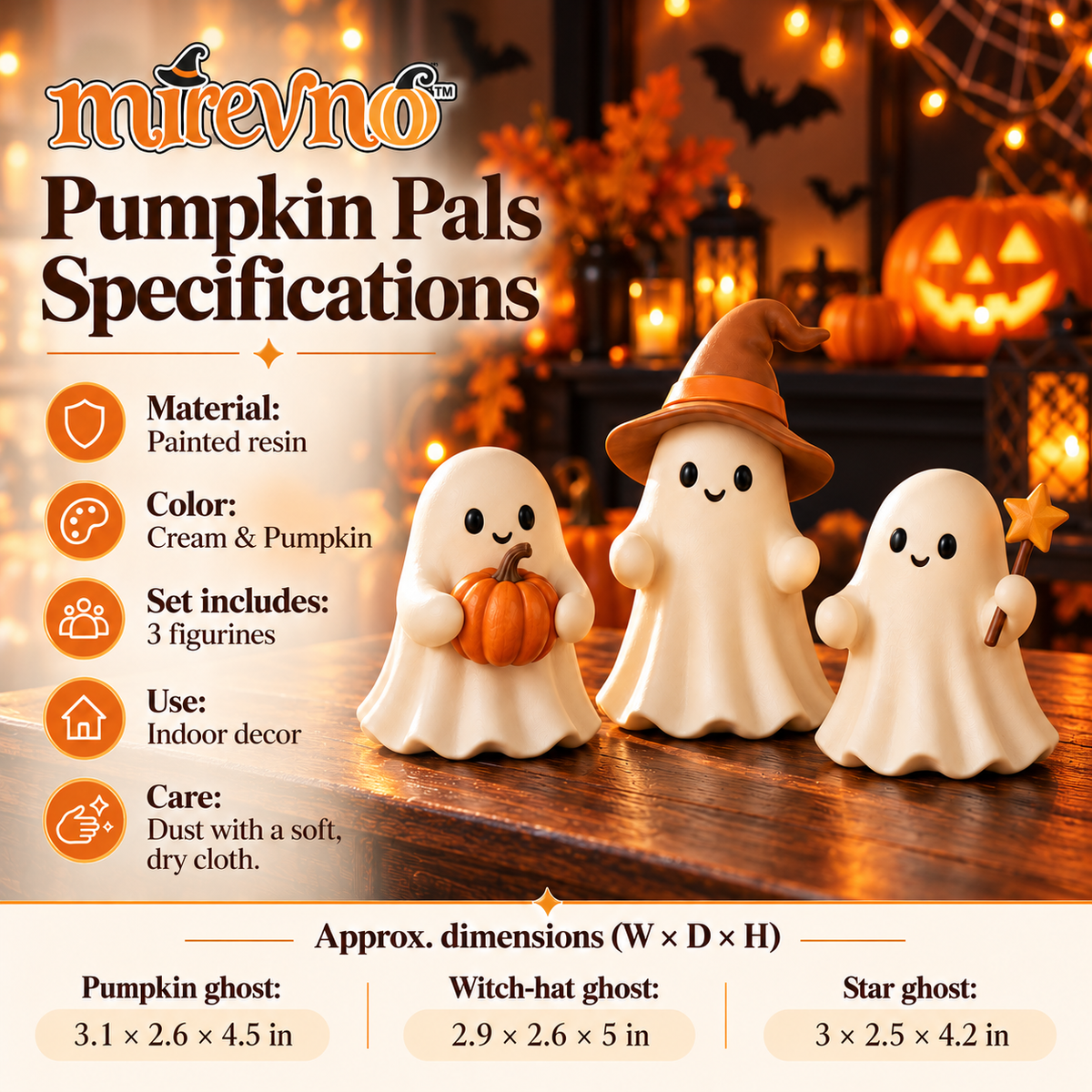 mirevno™ Pumpkin Pals Ghost Figurines, Set of 3 — Cute Halloween Resin Tabletop Decor for Shelves, Mantels & Tiered Trays
