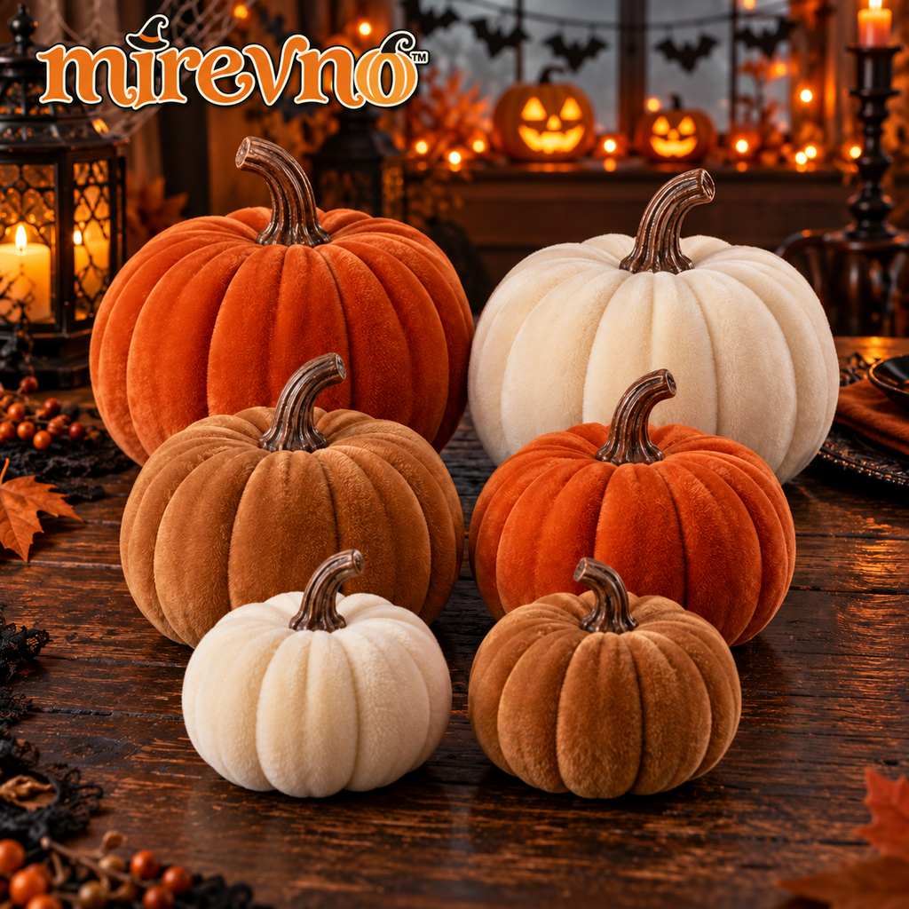 mirevno™ Velvet Pumpkin Decor, Set of 6 — Soft Fabric Fall Pumpkins for Halloween Centerpieces, Mantels & Shelf Styling