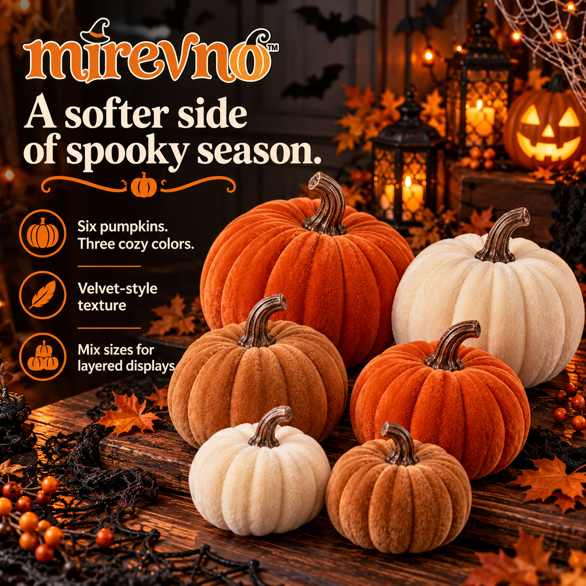 mirevno™ Velvet Pumpkin Decor, Set of 6 — Soft Fabric Fall Pumpkins for Halloween Centerpieces, Mantels & Shelf Styling