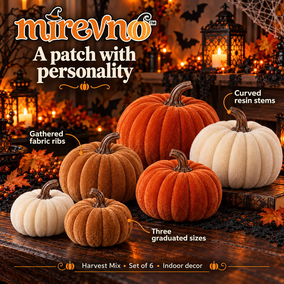 mirevno™ Velvet Pumpkin Decor, Set of 6 — Soft Fabric Fall Pumpkins for Halloween Centerpieces, Mantels & Shelf Styling