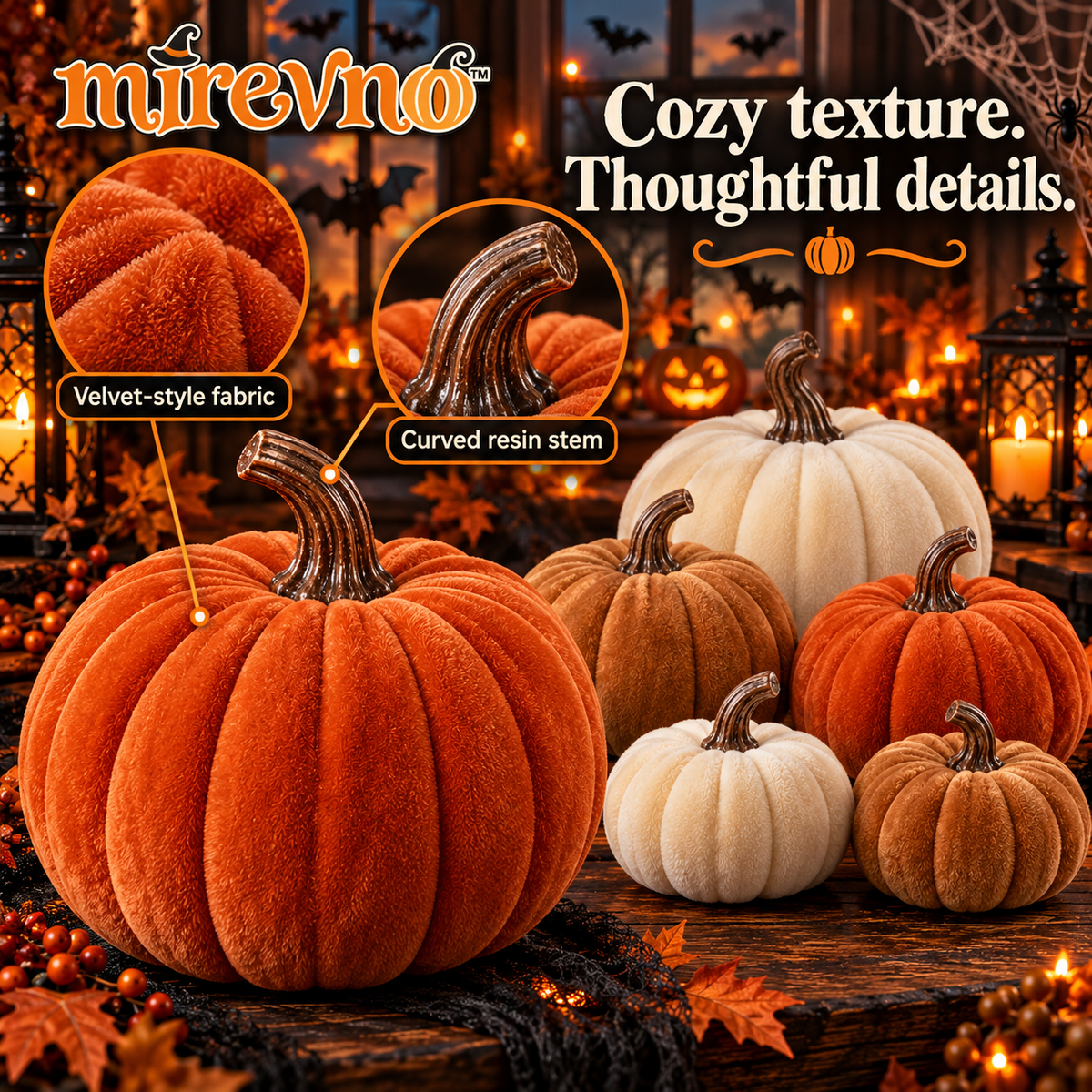 mirevno™ Velvet Pumpkin Decor, Set of 6 — Soft Fabric Fall Pumpkins for Halloween Centerpieces, Mantels & Shelf Styling