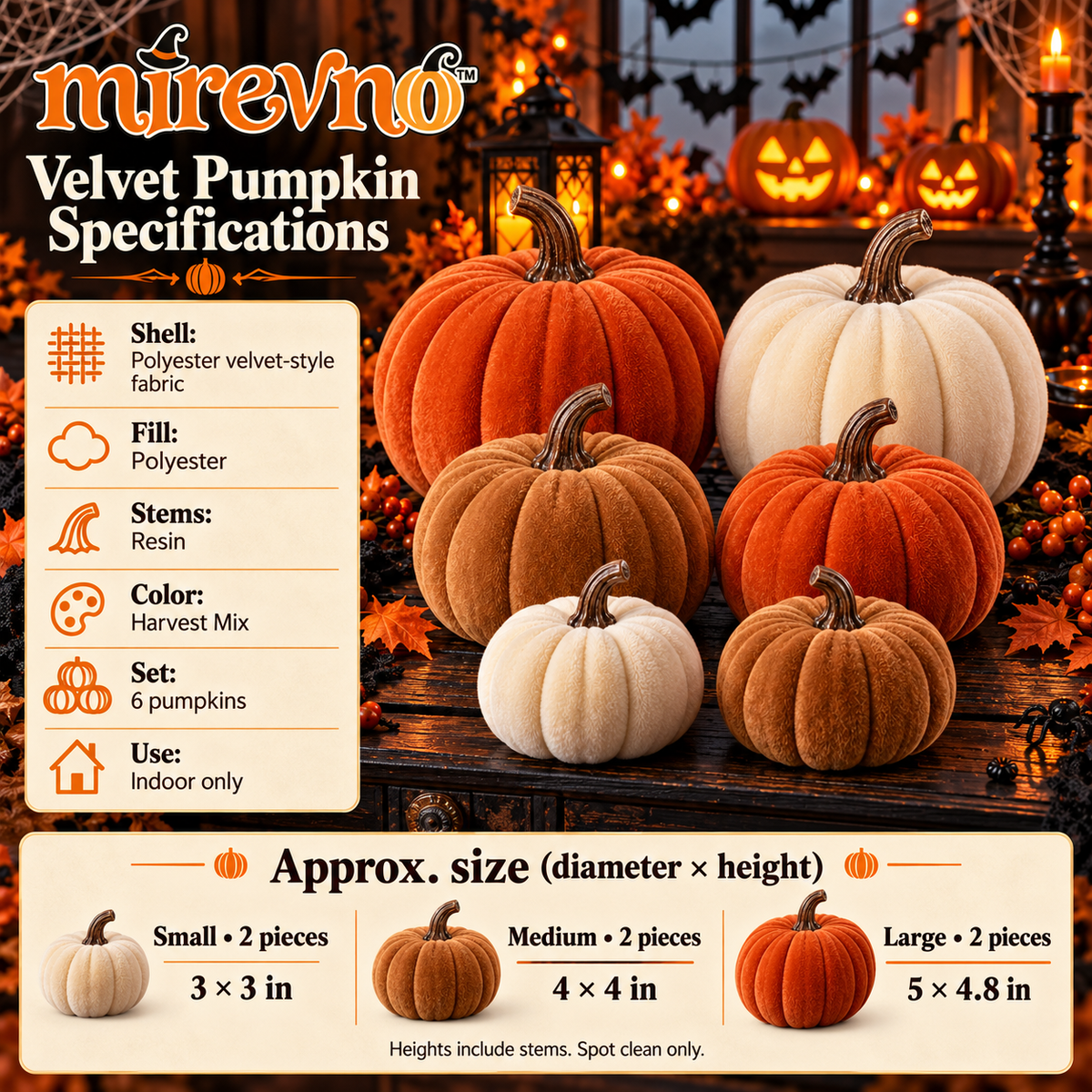 mirevno™ Velvet Pumpkin Decor, Set of 6 — Soft Fabric Fall Pumpkins for Halloween Centerpieces, Mantels & Shelf Styling