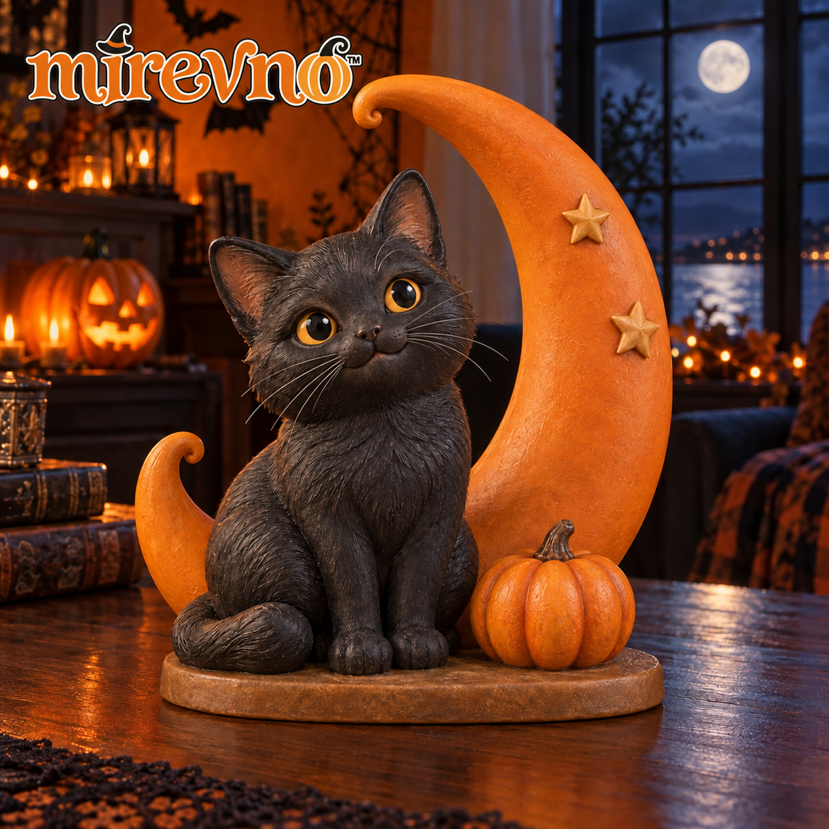 mirevno™ Moonlight Kitty Halloween Figurine — Black Cat & Crescent Moon Resin Tabletop Decoration for Bookshelves & Entryways