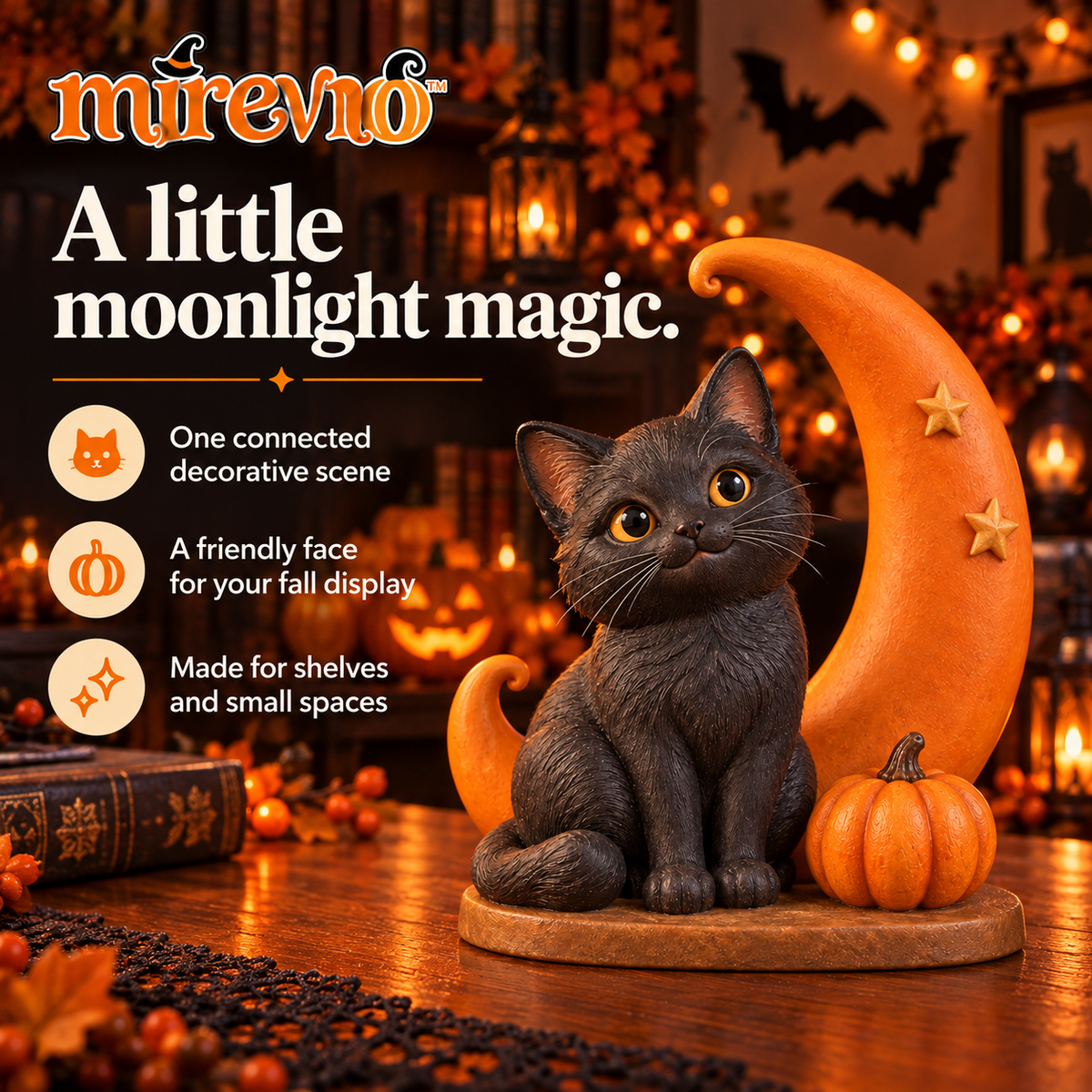 mirevno™ Moonlight Kitty Halloween Figurine — Black Cat & Crescent Moon Resin Tabletop Decoration for Bookshelves & Entryways