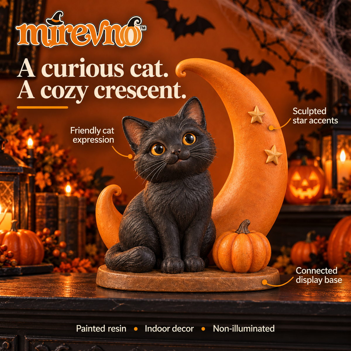 mirevno™ Moonlight Kitty Halloween Figurine — Black Cat & Crescent Moon Resin Tabletop Decoration for Bookshelves & Entryways