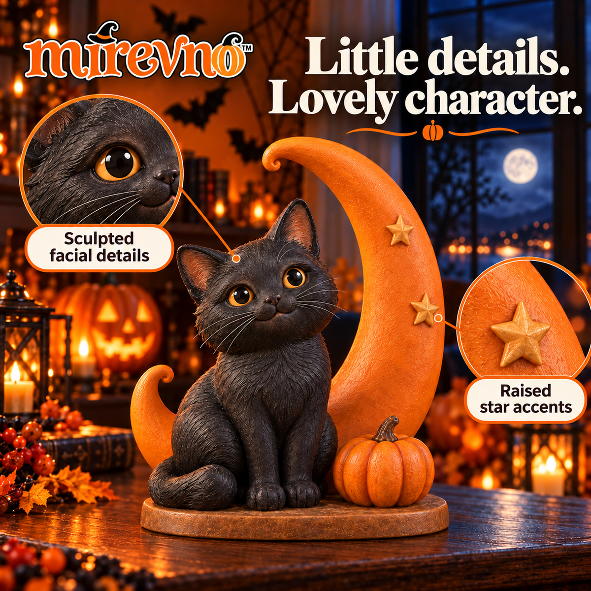 mirevno™ Moonlight Kitty Halloween Figurine — Black Cat & Crescent Moon Resin Tabletop Decoration for Bookshelves & Entryways