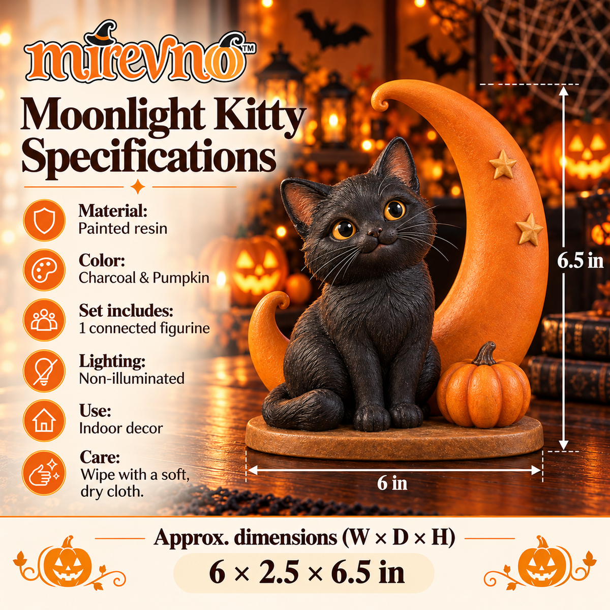 mirevno™ Moonlight Kitty Halloween Figurine — Black Cat & Crescent Moon Resin Tabletop Decoration for Bookshelves & Entryways