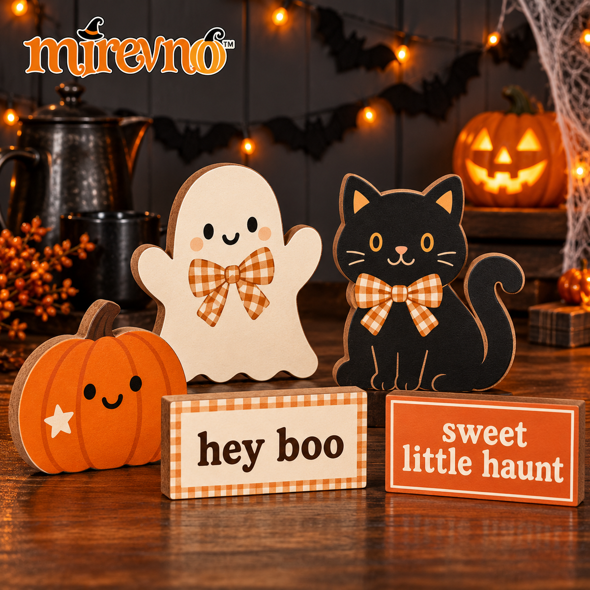mirevno™ Little Boo Halloween Tiered Tray Decor, 5-Piece Set — Wooden Ghost, Pumpkin & Black Cat Shelf Sitters with Mini Signs