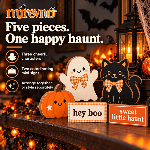 mirevno™ Little Boo Halloween Tiered Tray Decor, 5-Piece Set — Wooden Ghost, Pumpkin & Black Cat Shelf Sitters with Mini Signs