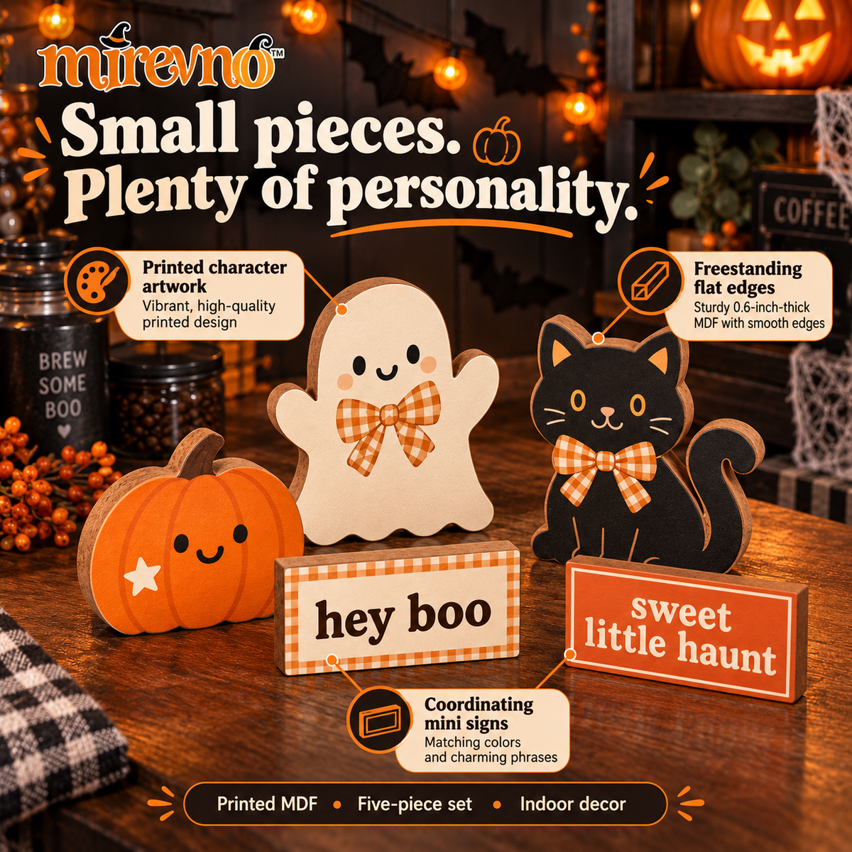 mirevno™ Little Boo Halloween Tiered Tray Decor, 5-Piece Set — Wooden Ghost, Pumpkin & Black Cat Shelf Sitters with Mini Signs