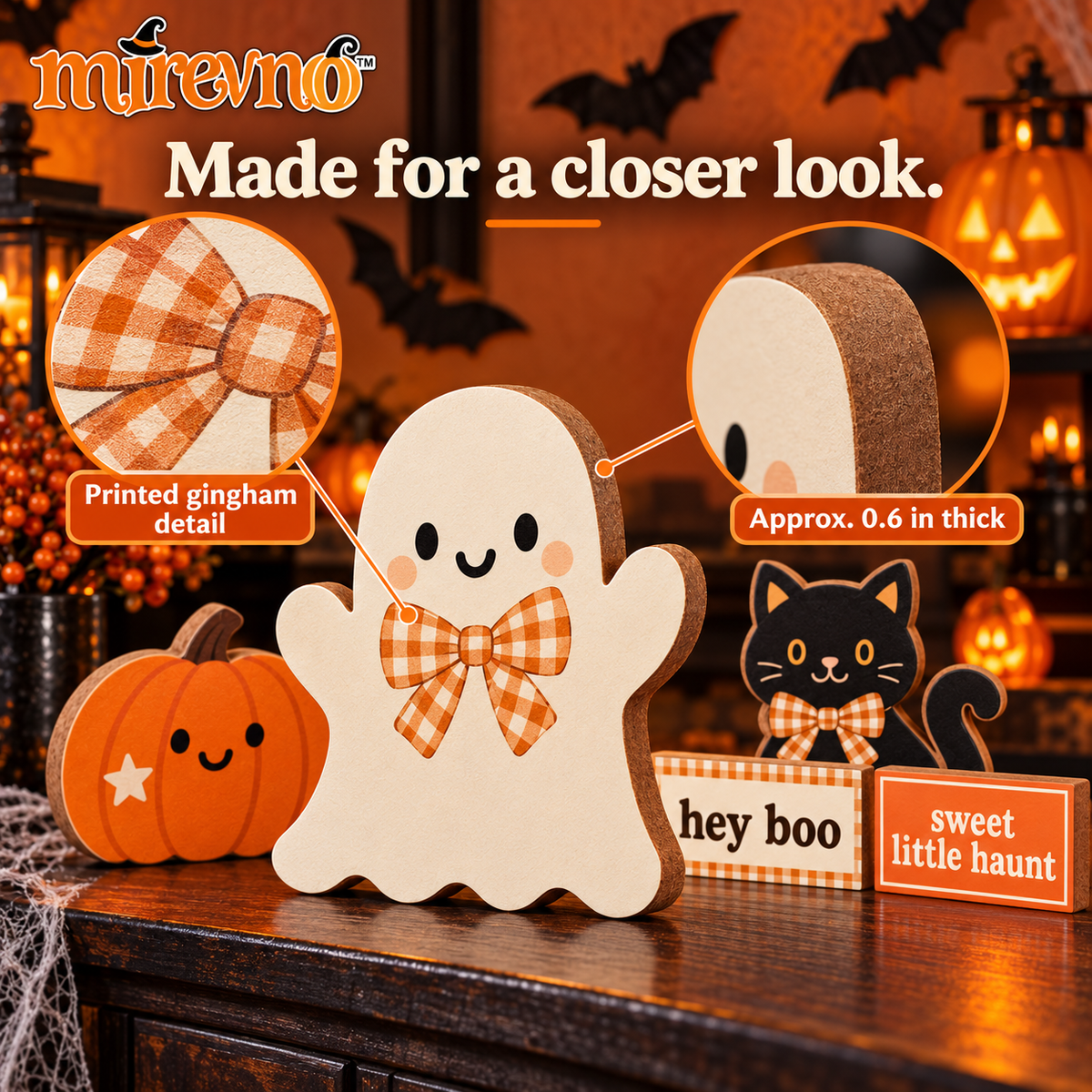 mirevno™ Little Boo Halloween Tiered Tray Decor, 5-Piece Set — Wooden Ghost, Pumpkin & Black Cat Shelf Sitters with Mini Signs