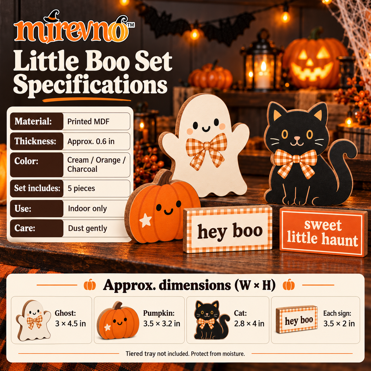 mirevno™ Little Boo Halloween Tiered Tray Decor, 5-Piece Set — Wooden Ghost, Pumpkin & Black Cat Shelf Sitters with Mini Signs