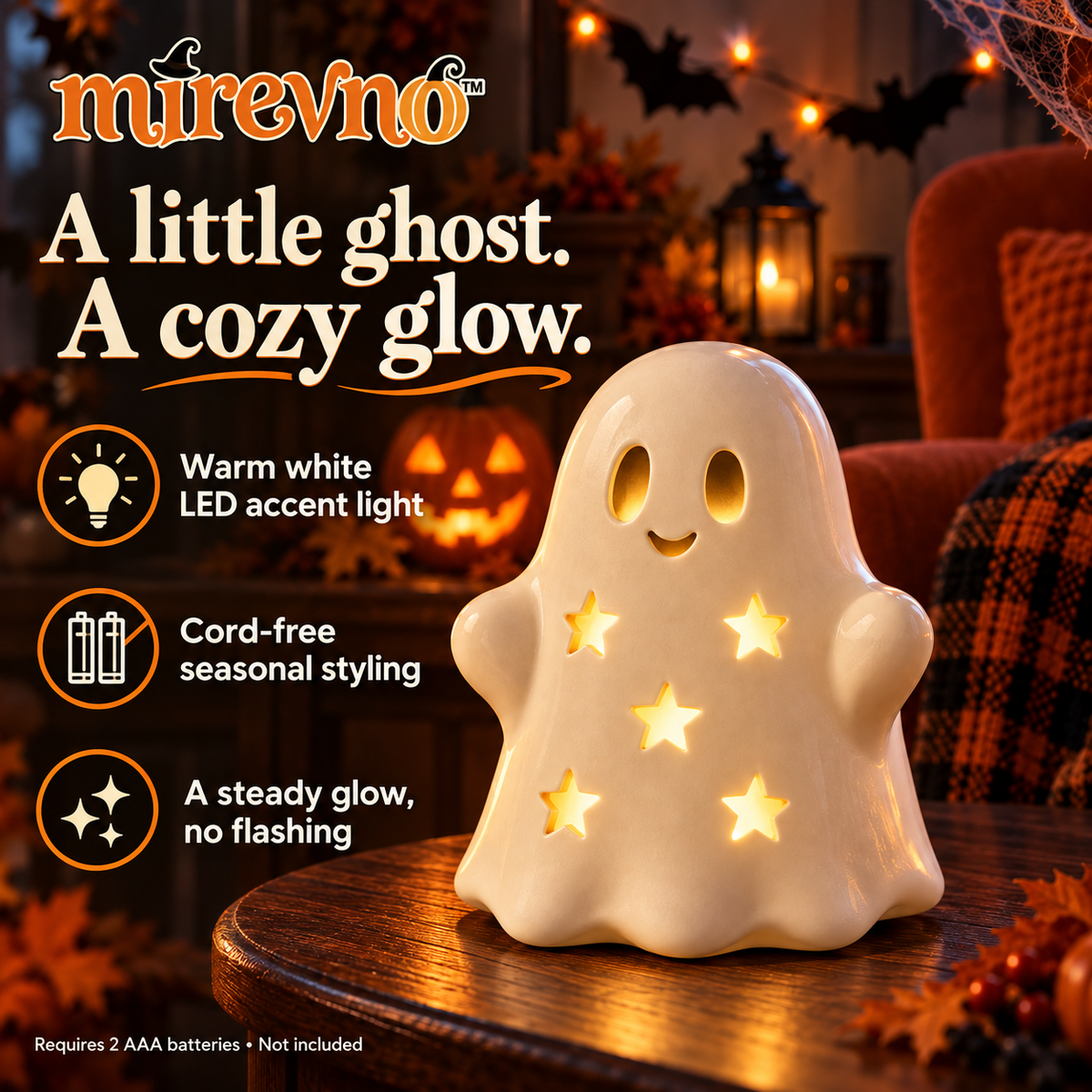 mirevno™ Little Glow Ghost LED Light — Cute Ceramic Halloween Tabletop Lantern, Battery Operated, Warm White Indoor Decor