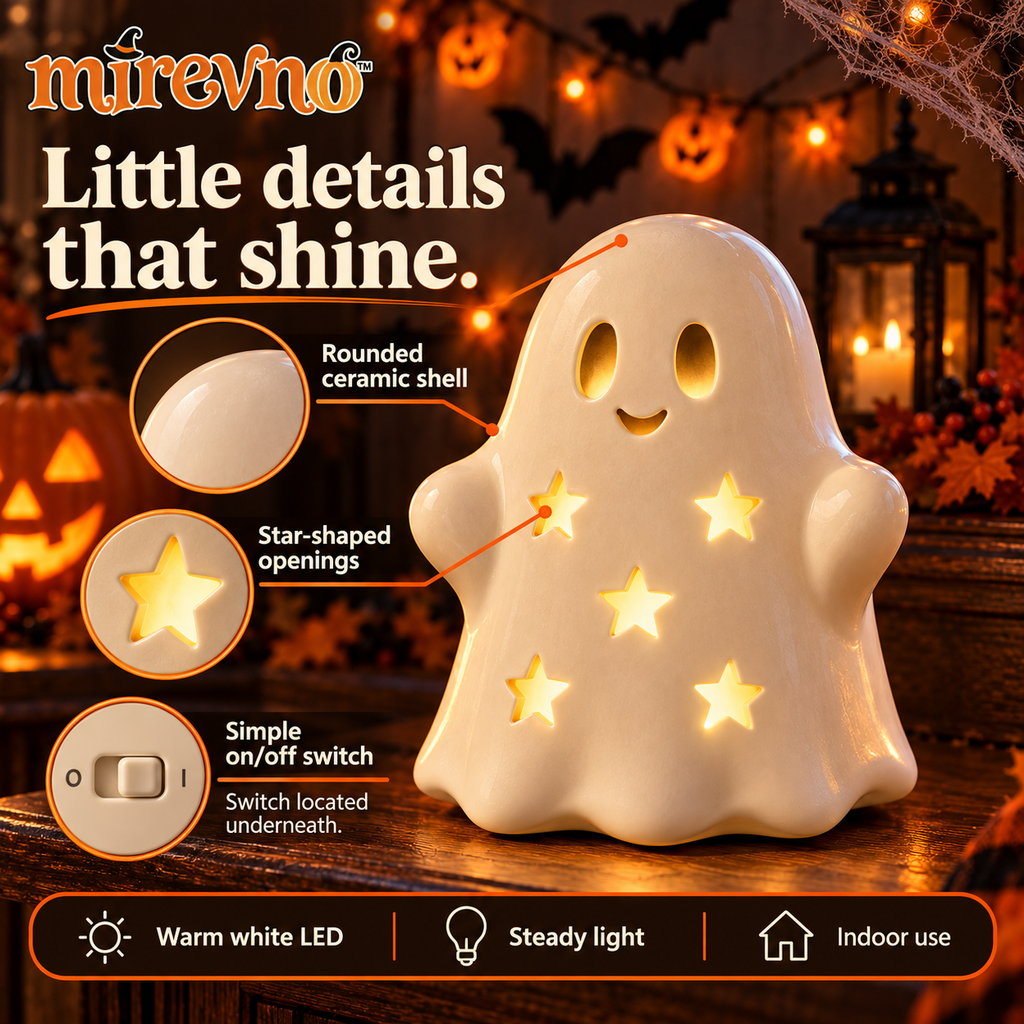 mirevno™ Little Glow Ghost LED Light — Cute Ceramic Halloween Tabletop Lantern, Battery Operated, Warm White Indoor Decor