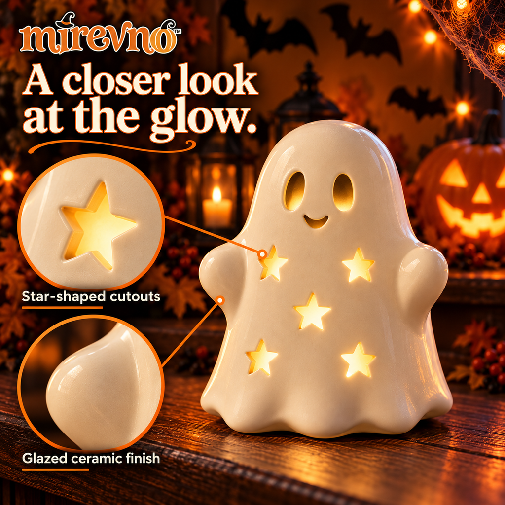 mirevno™ Little Glow Ghost LED Light — Cute Ceramic Halloween Tabletop Lantern, Battery Operated, Warm White Indoor Decor