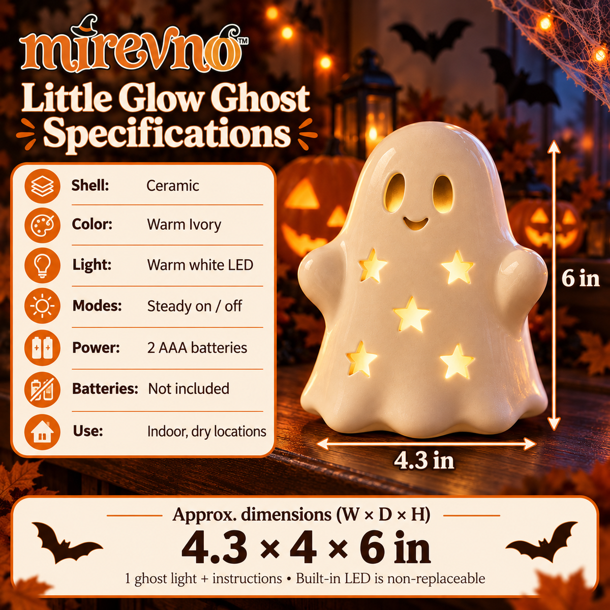 mirevno™ Little Glow Ghost LED Light — Cute Ceramic Halloween Tabletop Lantern, Battery Operated, Warm White Indoor Decor