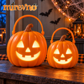 mirevno™ Pumpkin Porch LED Lanterns, Set of 2 — Battery-Operated Halloween Jack-O’-Lantern Lights with Carry Handles