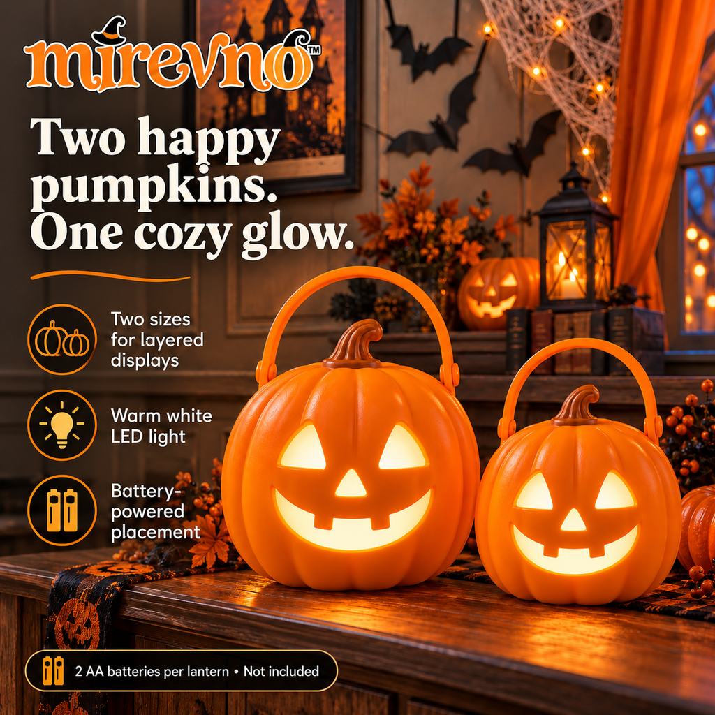 mirevno™ Pumpkin Porch LED Lanterns, Set of 2 — Battery-Operated Halloween Jack-O’-Lantern Lights with Carry Handles
