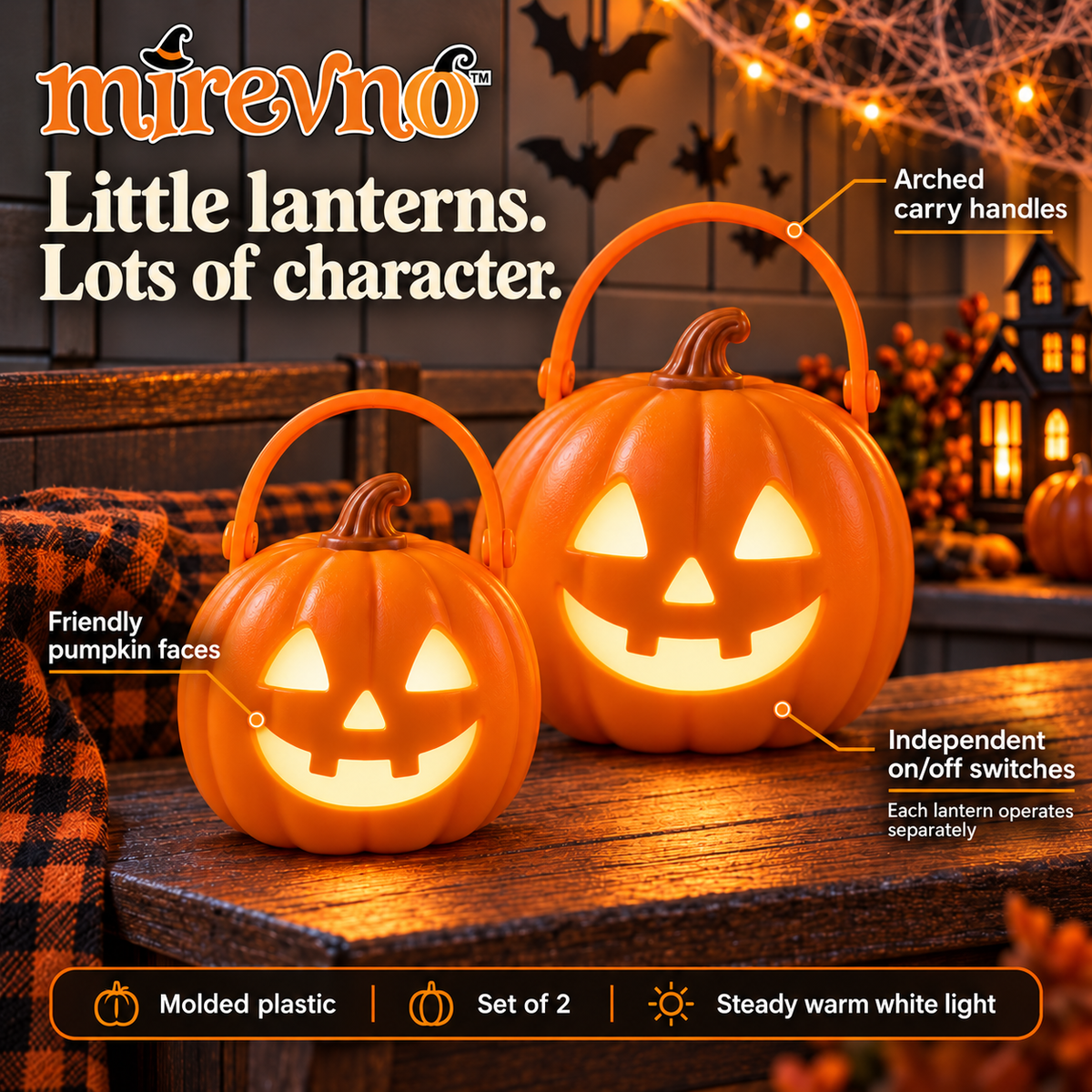 mirevno™ Pumpkin Porch LED Lanterns, Set of 2 — Battery-Operated Halloween Jack-O’-Lantern Lights with Carry Handles