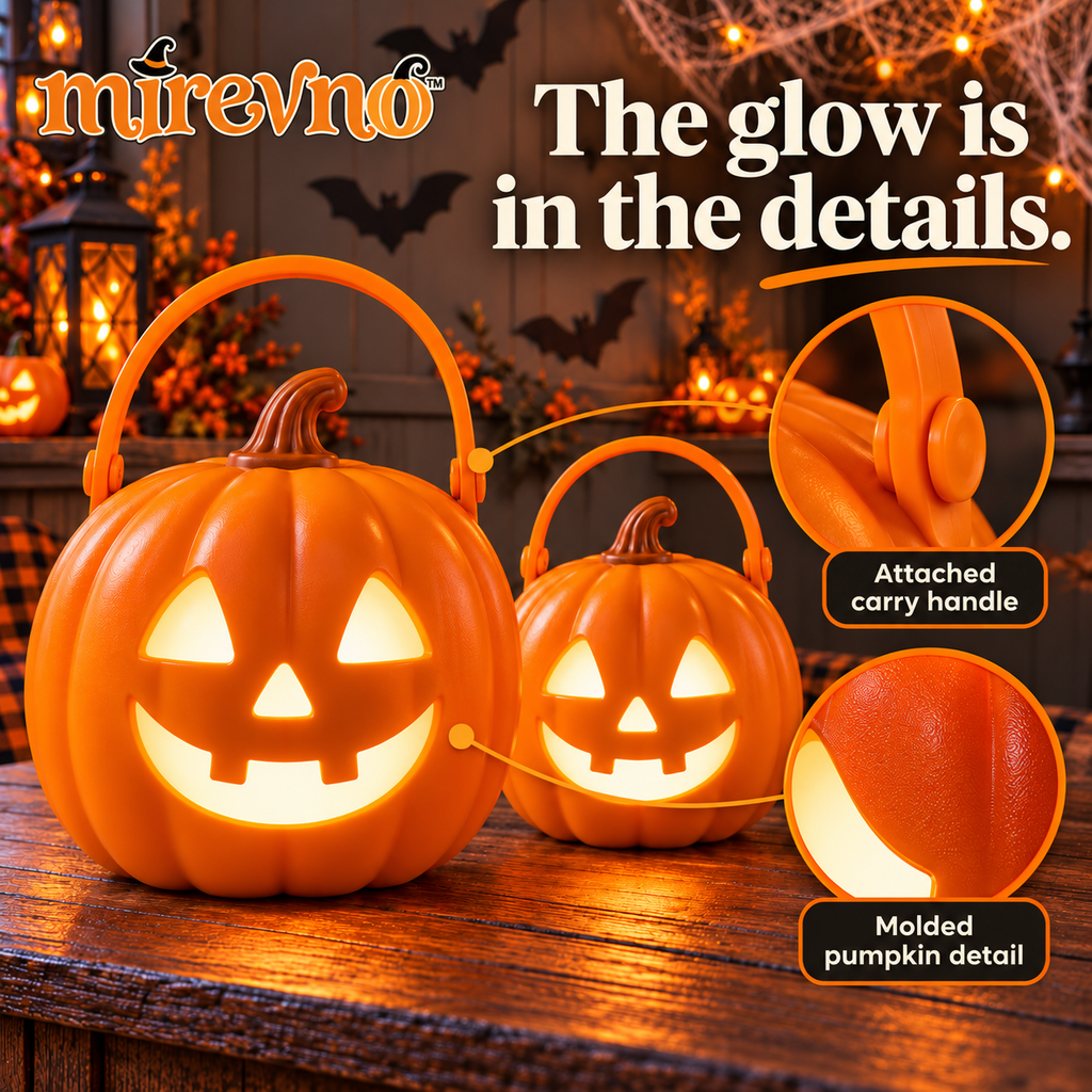 mirevno™ Pumpkin Porch LED Lanterns, Set of 2 — Battery-Operated Halloween Jack-O’-Lantern Lights with Carry Handles