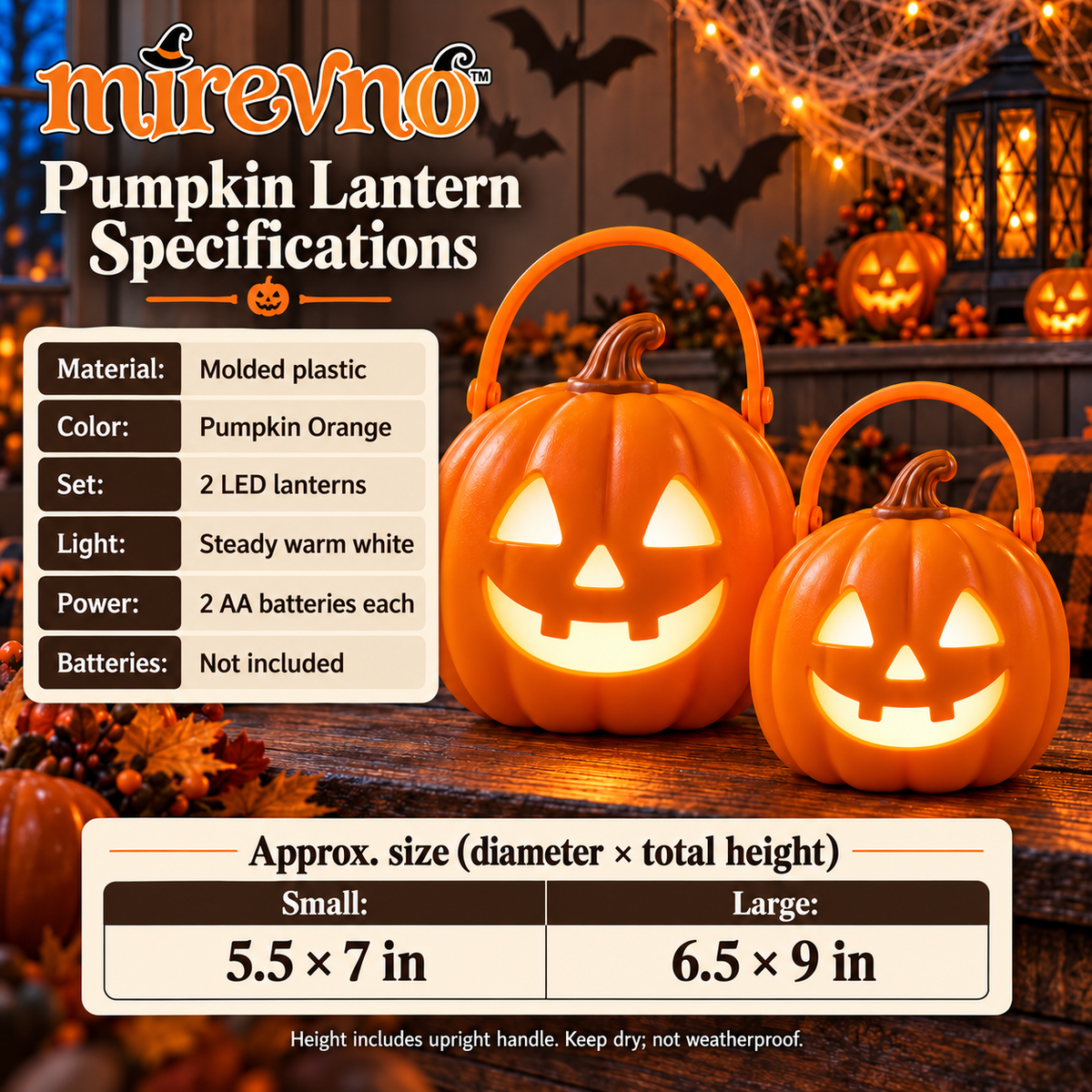 mirevno™ Pumpkin Porch LED Lanterns, Set of 2 — Battery-Operated Halloween Jack-O’-Lantern Lights with Carry Handles