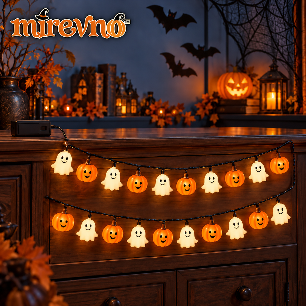 mirevno™ Boo & Pumpkin LED String Lights — 10 ft Battery-Operated Halloween Garland with 20 Warm White Ghost & Pumpkin Lights