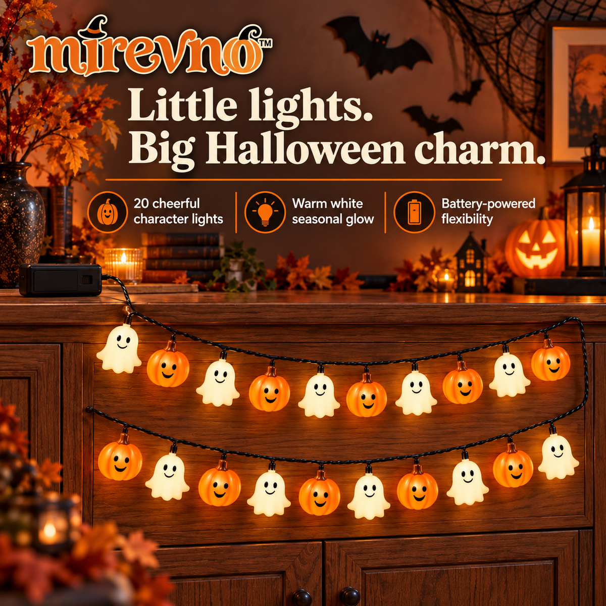 mirevno™ Boo & Pumpkin LED String Lights — 10 ft Battery-Operated Halloween Garland with 20 Warm White Ghost & Pumpkin Lights