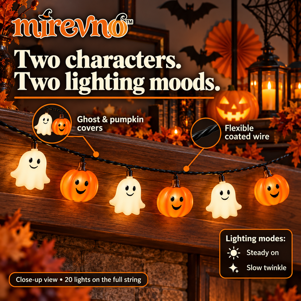 mirevno™ Boo & Pumpkin LED String Lights — 10 ft Battery-Operated Halloween Garland with 20 Warm White Ghost & Pumpkin Lights