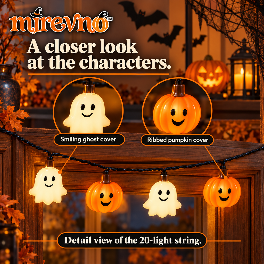 mirevno™ Boo & Pumpkin LED String Lights — 10 ft Battery-Operated Halloween Garland with 20 Warm White Ghost & Pumpkin Lights