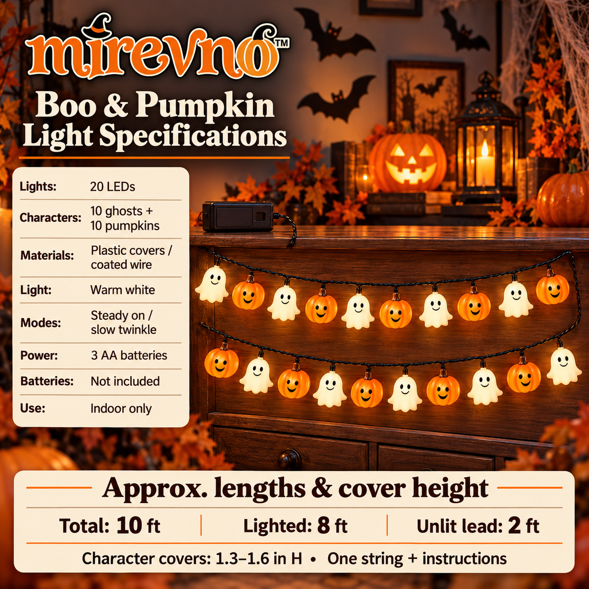 mirevno™ Boo & Pumpkin LED String Lights — 10 ft Battery-Operated Halloween Garland with 20 Warm White Ghost & Pumpkin Lights