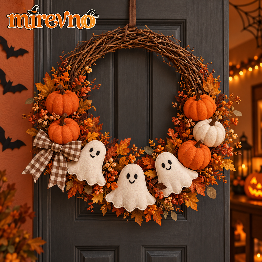 mirevno™ Pumpkin Patch Pals Halloween Wreath — 18-Inch Ghost & Pumpkin Door Decoration with Gingham Bow