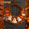 mirevno™ Pumpkin Patch Pals Halloween Wreath — 18-Inch Ghost & Pumpkin Door Decoration with Gingham Bow