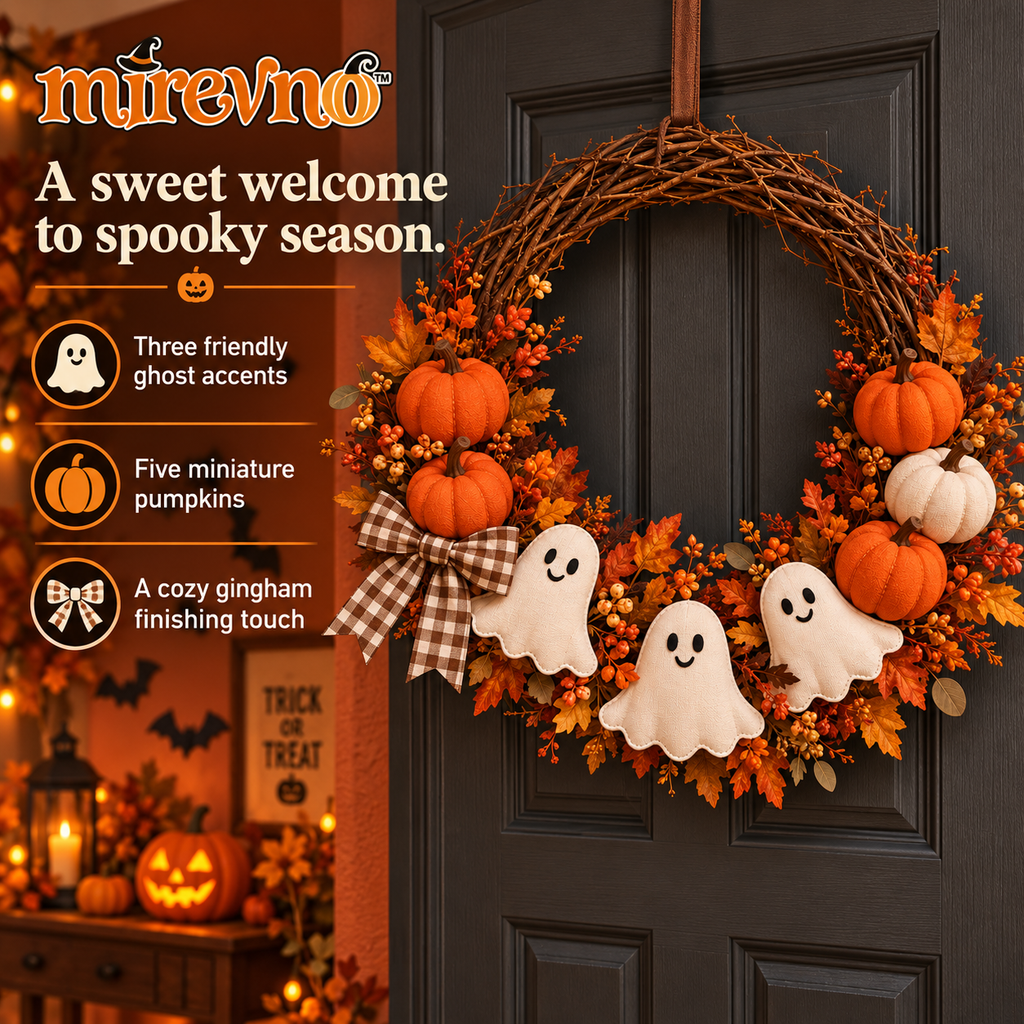 mirevno™ Pumpkin Patch Pals Halloween Wreath — 18-Inch Ghost & Pumpkin Door Decoration with Gingham Bow