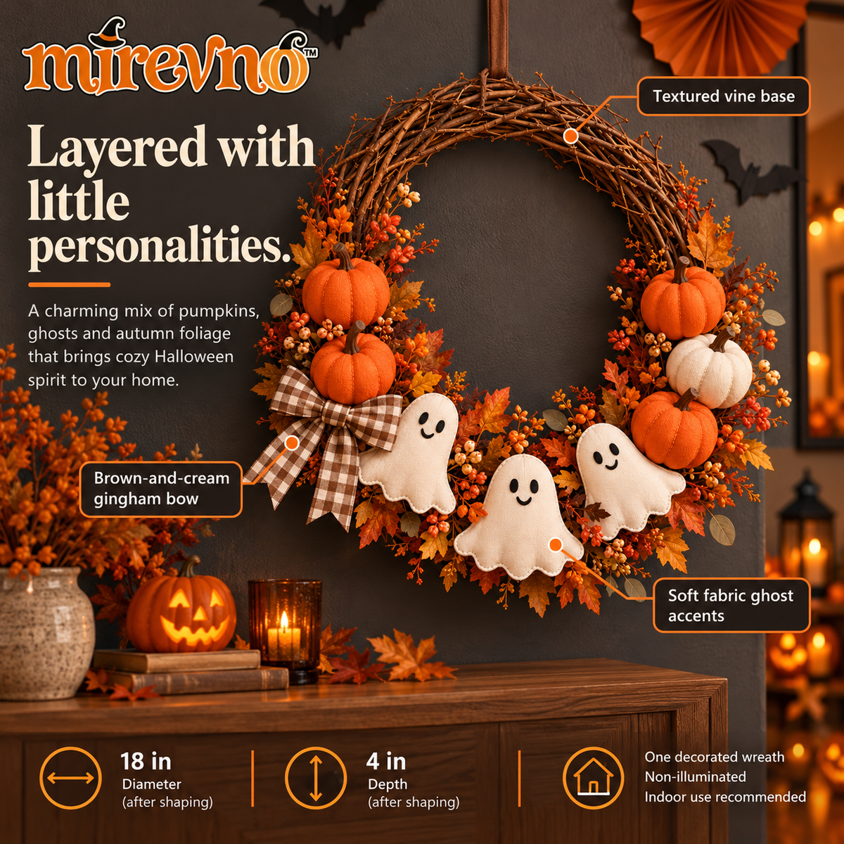 mirevno™ Pumpkin Patch Pals Halloween Wreath — 18-Inch Ghost & Pumpkin Door Decoration with Gingham Bow