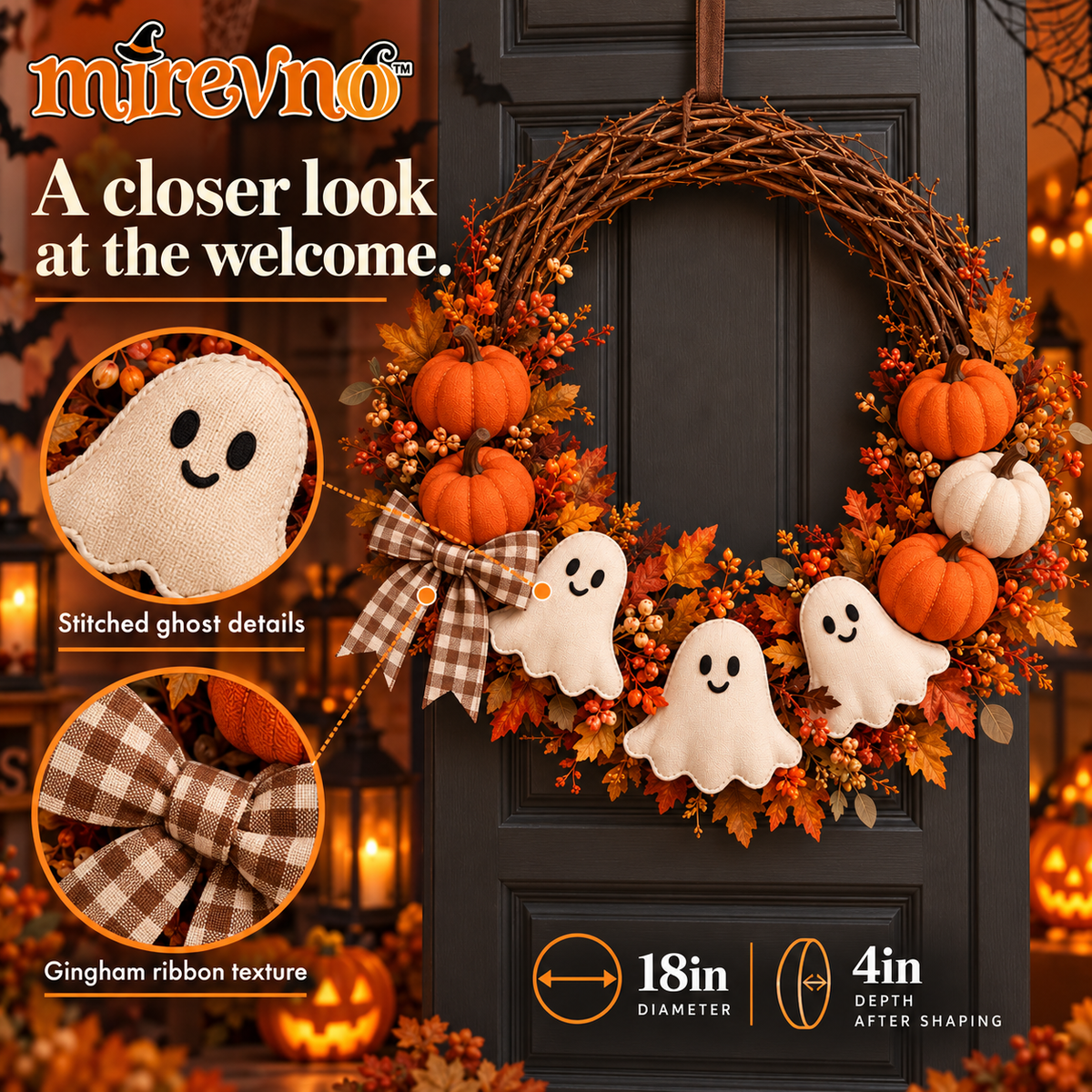 mirevno™ Pumpkin Patch Pals Halloween Wreath — 18-Inch Ghost & Pumpkin Door Decoration with Gingham Bow