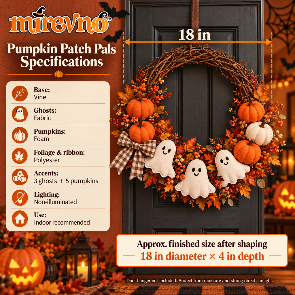 mirevno™ Pumpkin Patch Pals Halloween Wreath — 18-Inch Ghost & Pumpkin Door Decoration with Gingham Bow