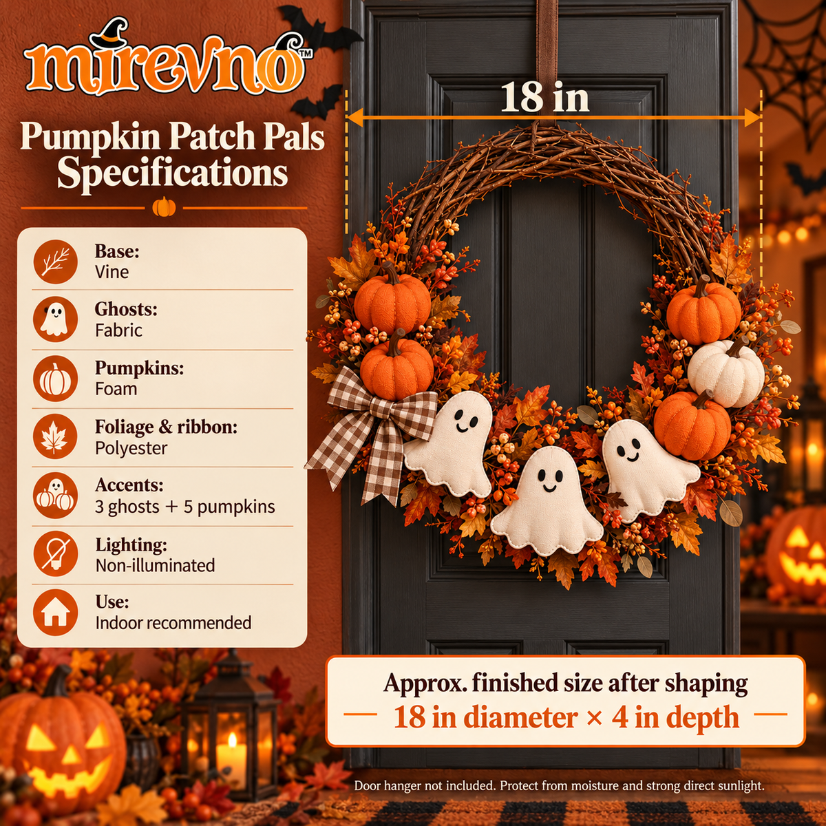 mirevno™ Pumpkin Patch Pals Halloween Wreath — 18-Inch Ghost & Pumpkin Door Decoration with Gingham Bow