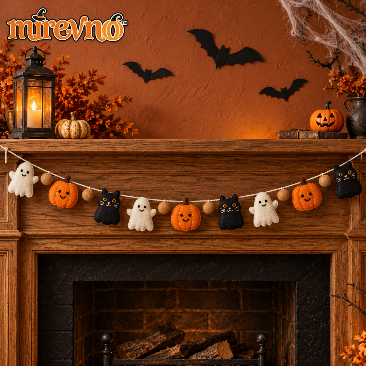 mirevno™ Sweet Little Haunts Felt Garland — 6 ft Halloween Ghost, Pumpkin & Black Cat Banner for Mantels, Walls & Party Backdrops
