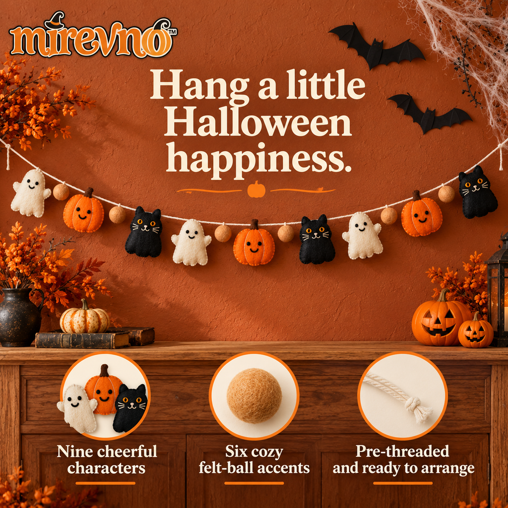 mirevno™ Sweet Little Haunts Felt Garland — 6 ft Halloween Ghost, Pumpkin & Black Cat Banner for Mantels, Walls & Party Backdrops