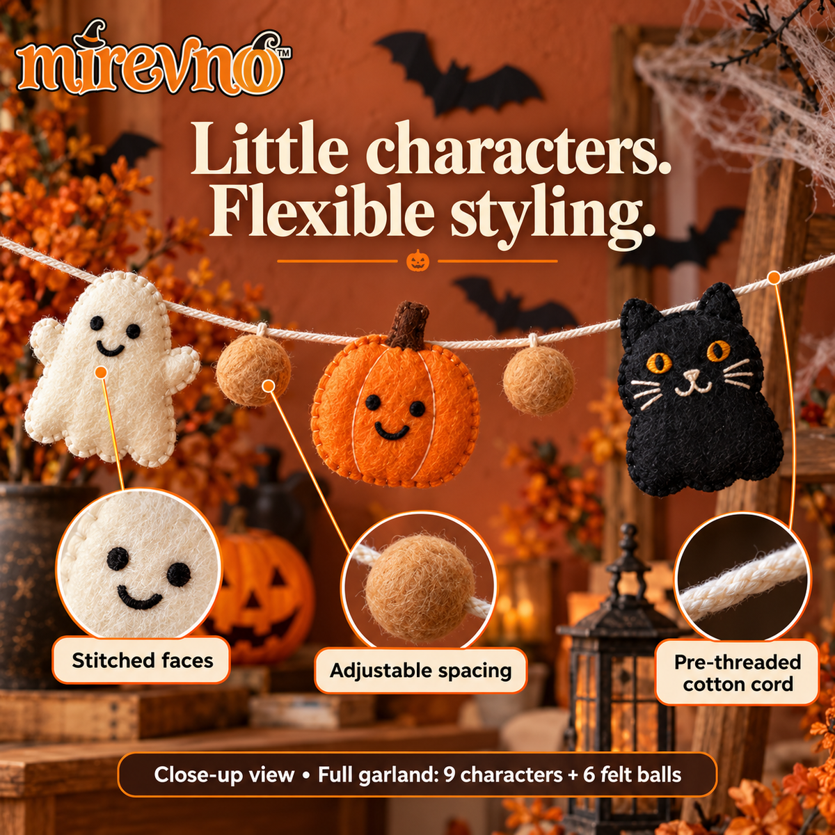 mirevno™ Sweet Little Haunts Felt Garland — 6 ft Halloween Ghost, Pumpkin & Black Cat Banner for Mantels, Walls & Party Backdrops