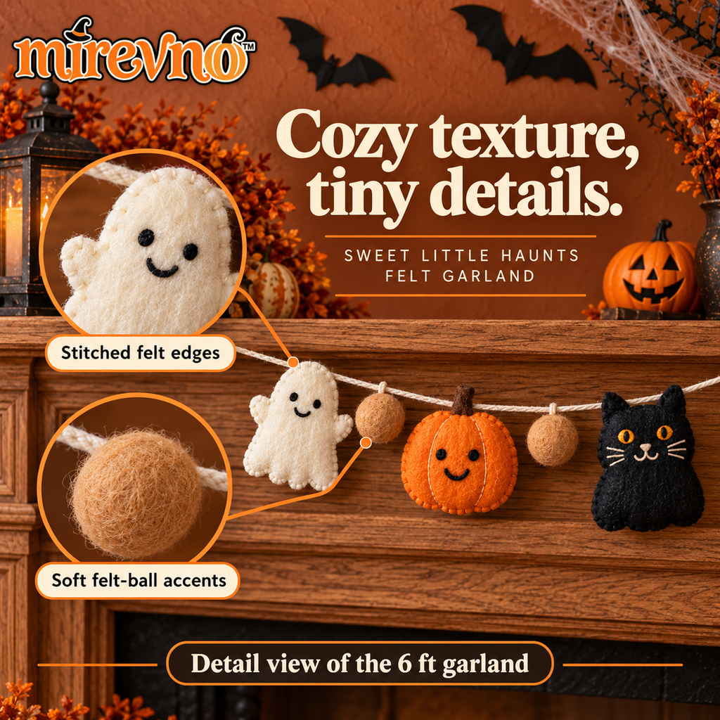 mirevno™ Sweet Little Haunts Felt Garland — 6 ft Halloween Ghost, Pumpkin & Black Cat Banner for Mantels, Walls & Party Backdrops