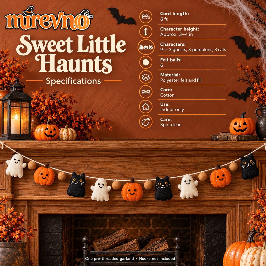 mirevno™ Sweet Little Haunts Felt Garland — 6 ft Halloween Ghost, Pumpkin & Black Cat Banner for Mantels, Walls & Party Backdrops