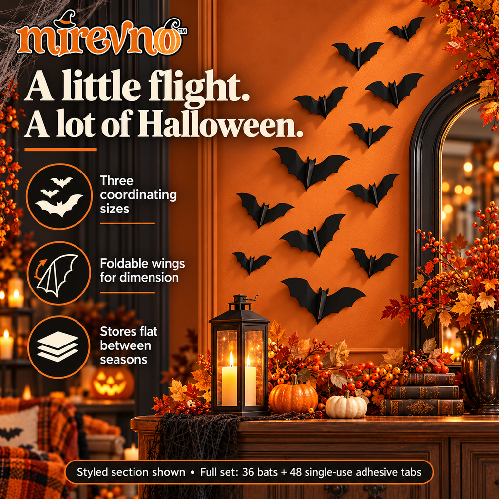 mirevno™ Little Night Flyers 3D Bat Wall Decorations, 36-Piece Set — Foldable Halloween Bats for Indoor Walls, Doors & Party Displays