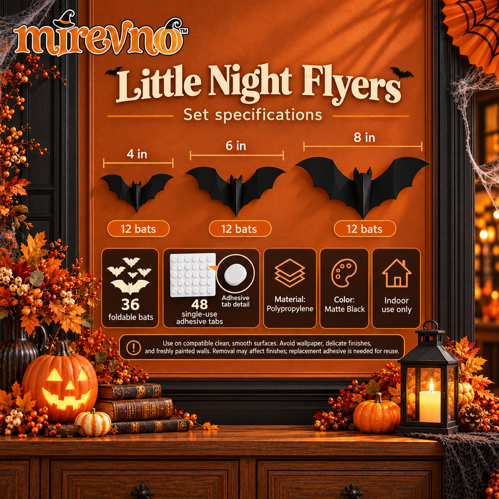 mirevno™ Little Night Flyers 3D Bat Wall Decorations, 36-Piece Set — Foldable Halloween Bats for Indoor Walls, Doors & Party Displays