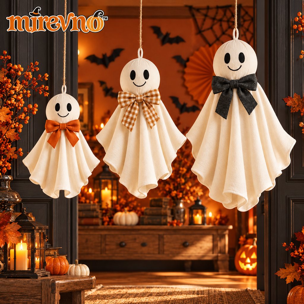 mirevno™ Floating Friends Hanging Ghost Decorations, Set of 3 — Cute Fabric Halloween Ghosts with Bows for Windows & Indoor Party Decor