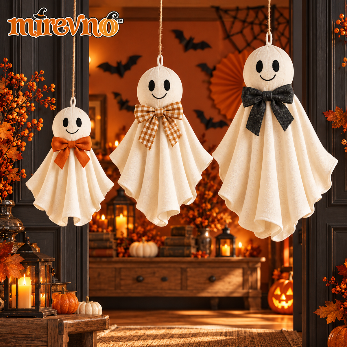 mirevno™ Floating Friends Hanging Ghost Decorations, Set of 3 — Cute Fabric Halloween Ghosts with Bows for Windows & Indoor Party Decor
